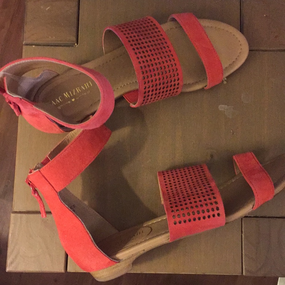 Coral red ankle strap flat sandals. Zipper backs.